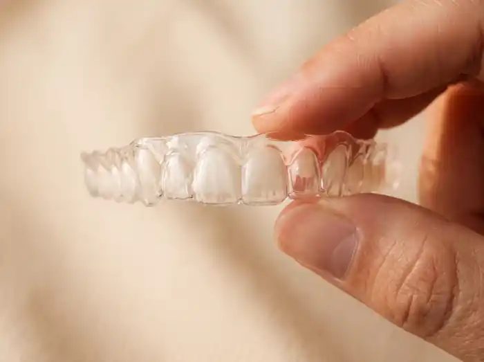 A clear aligner tray being seated onto the upper teeth