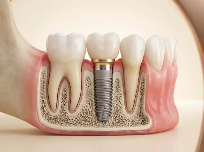 Cut away illustration of a single dental implant between two natural teeth