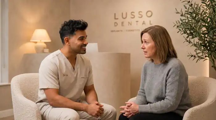 Dr Kal in conversation with a nervous patient in the calm LUSSO reception lounge