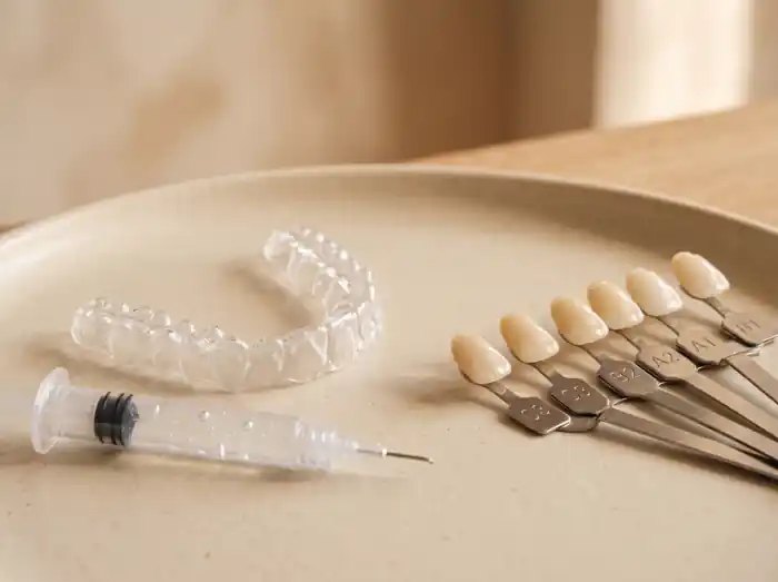 A custom whitening tray, a syringe of whitening gel and a tooth shade guide